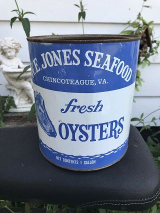 W.  E.  Jones Seafood Chincoteague Virginia Gallon Seafood Oyster Tin Can No Lid