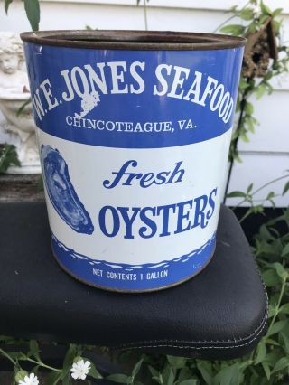 W.  E.  JONES SEAFOOD Chincoteague Virginia Gallon Seafood Oyster Tin Can No Lid 5