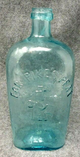 1 Qt.  Early Blue Aqua Whiskey Flask Embossed For Pike 
