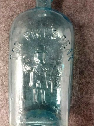 1 Qt.  Early BLUE AQUA WHISKEY FLASK Embossed FOR PIKE ' S PEAK Miner Hunting Image 2