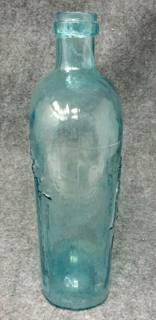 1 Qt.  Early BLUE AQUA WHISKEY FLASK Embossed FOR PIKE ' S PEAK Miner Hunting Image 3