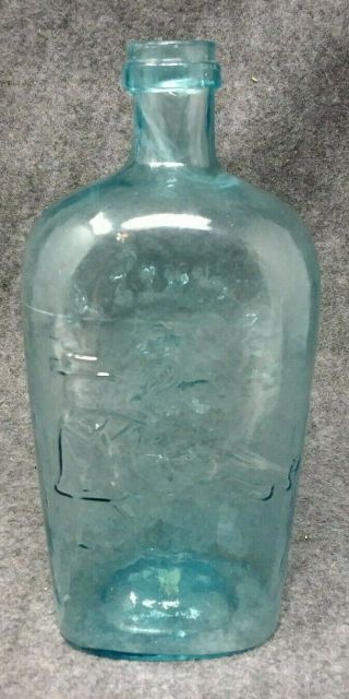 1 Qt.  Early BLUE AQUA WHISKEY FLASK Embossed FOR PIKE ' S PEAK Miner Hunting Image 5