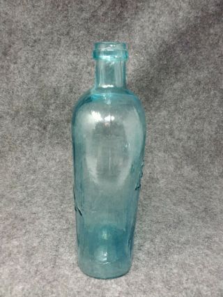 1 Qt.  Early BLUE AQUA WHISKEY FLASK Embossed FOR PIKE ' S PEAK Miner Hunting Image 6