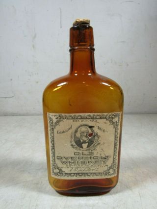 Antique 1916 Old Overholt Whiskey 1 Pint Paper Label Amber Glass Empty Bottle Pa