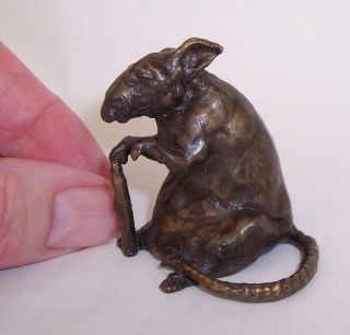 Vintage/antique Solid Bronze Miniature Old Rat With Walking Cane Mouse/mice