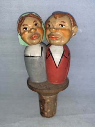Vintage Anri Carved Kissing Couple Mechanical Wine Cork Bottle Stopper,  Italy