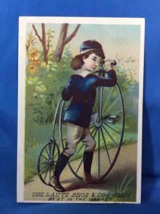 1880s Lautz Bros Soap Victorian Bicycle Advertising Trade Card Antique