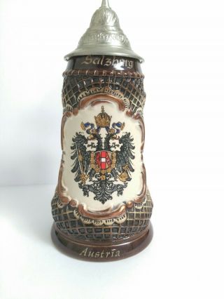 King Handpainted Beer Stein Salzburg Austria Pewter Lid Coat Of Arms Handmade