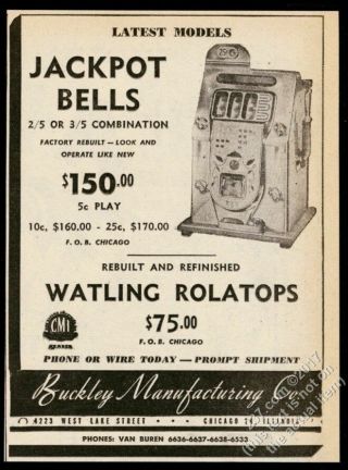 1947 Buckley Jackbot Bells Slot Machine Photo Vintage Trade Print Ad