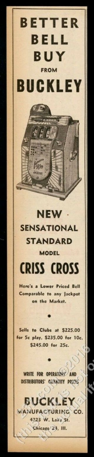 1950 Buckley Criss Cross Slot Machine Photo Vintage Trade Print Ad