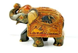 Vintage Hand Carved & Painted Wooden Fine Elephant Statue Sculpture Ornate 9 "
