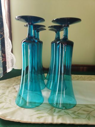 Vintage Blue - Teal Glass Champagne/water/highball Tulip Glasses - Set Of 6
