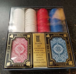 2 Decks Kem Poker Plastic Playing Cards & 100 Clay Casino Quality Poker Chips