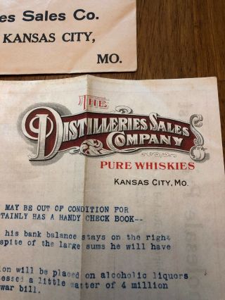 Distilleries Sales Co.  Kansas City,  Pure Whiskies 1920’s Liquor Letterhead
