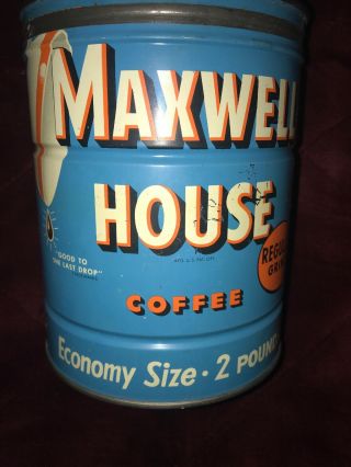 Vintage Maxwell House Coffee Two Pound Round Tin Can With Slip Metal Lid