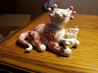 2004 Whimsiclay Cat Mother And Kitten Pink Flowers Large 86142
