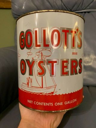 Very Rare Gollott ' s Brand One Gallon Oyster Tin Can Biloxi Mississippi Miss 96 2