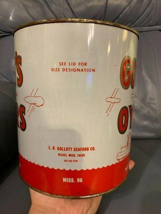 Very Rare Gollott ' s Brand One Gallon Oyster Tin Can Biloxi Mississippi Miss 96 3