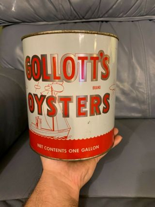Very Rare Gollott ' s Brand One Gallon Oyster Tin Can Biloxi Mississippi Miss 96 5