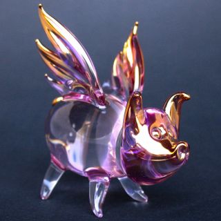 Pig Wings Flying Figurine Purple Pink Gold Blown Glass