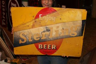 Rare Vintage C.  1940 Sterling Beer Bar Tavern Gas Oil 28 " Embossed Metal Sign