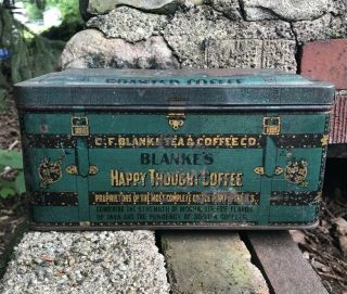 Antique Blanke’s Happy Thought Green Coffee Tin 2 Lb Hinged Lid Litho