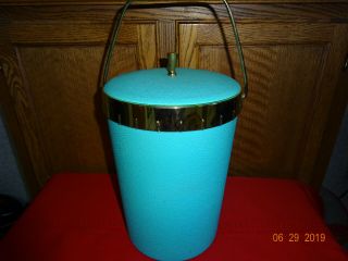 Vintage Mid Century Atomic Turquoise Gold Rim Ice Bucket