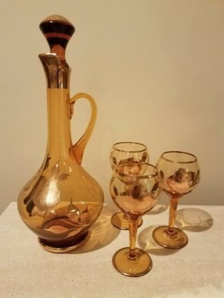 Vintage Amber Glass Wine Decanter And Wine Glass Set