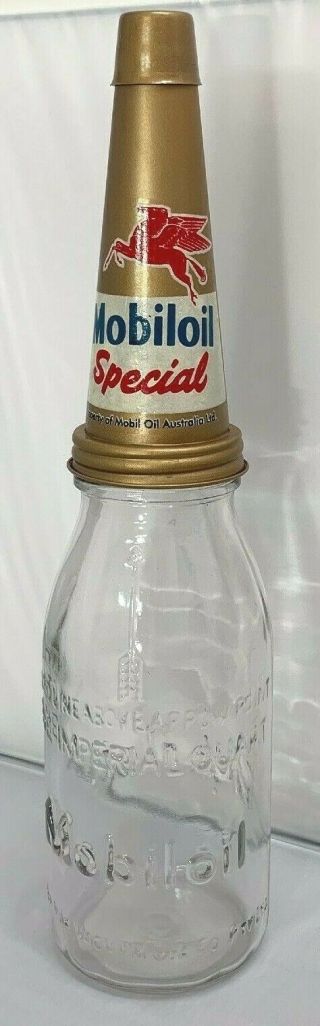 Old Style - 1 Quart Glass Mobil Oil Special - Oil Bottle,  Metal Pourer & Cap.