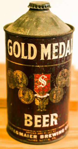 Gold Metal Beer Qt Cone Top Can W/ Cap