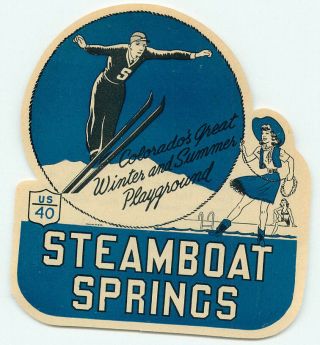 Steamboat Springs Colorado Ski Jump Cowgirl Vintage Art Deco Luggage Label