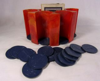 Vintage Red Marbled Bakelite/catalin Speedboat Bridge - Poker Chips Card Holder
