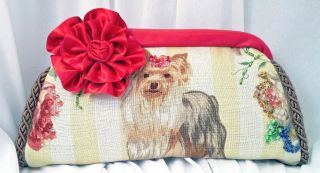 Yorkshire Terrier Clutch Bag With Brunswig Fabric Suede And Silk W/ Rosette Pin