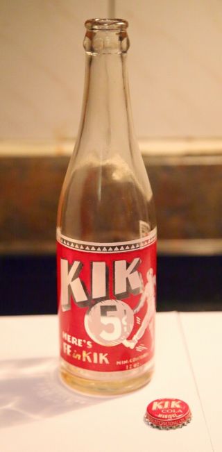 1940 Rare Bottle Soda 12 Oz.  Kik 5 Cent Canada Cola Football Player