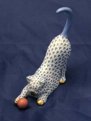 Herend Fishnet Blue Stretching Cat With Ball