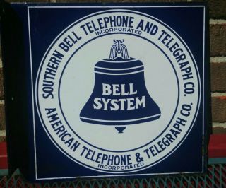 Old Southern Bell Telephone & Telegraph Flange Sign Porcelain Double Sided
