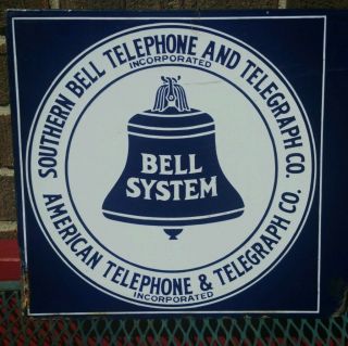 OLD SOUTHERN BELL Telephone & TELEGRAPH Flange Sign Porcelain Double Sided 2