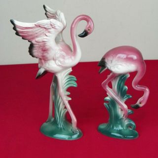 Porcelain Pink Flamingoes Mcm Ceramic Vintage Figurine Large Pair 10”