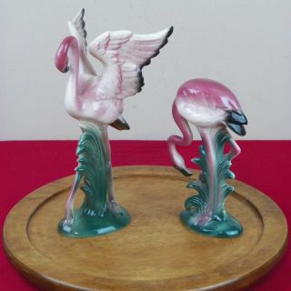 Porcelain Pink Flamingoes MCM Ceramic Vintage Figurine Large Pair 10” 2