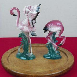 Porcelain Pink Flamingoes MCM Ceramic Vintage Figurine Large Pair 10” 3