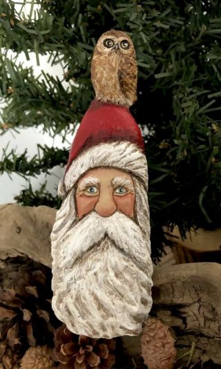 Wood Carved Santa With Owl Wood Spirit Lisa Rogers Carving