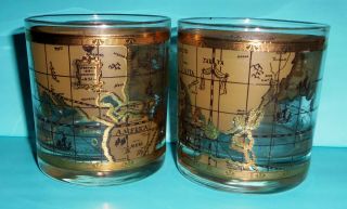 Cora Cera Old World Nautical Map Gold Mid Century Bar Glasses Vintage Set Of 2