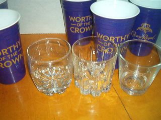 Crown Royal Glasses1 - Footed - 1 - Starburst - 1 - Heavy Bottom & 6 Hard Plastic Glasses