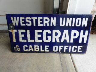 1930s Western Union Telegraph Cable Ofc Porcelain Flanged Sign W Bullet Holes @@