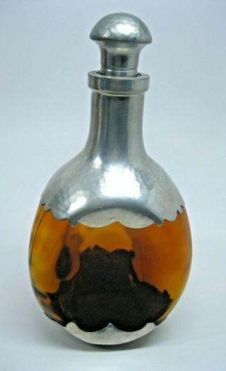 Vintage Kmd Royal Holland Daalderop Amber Glass Pewter Decanter Bottle W Stopper