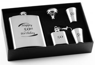 50th Birthday Stainless Steel 5 Piece Hip Flask Gift Set - Engravable Keepsake