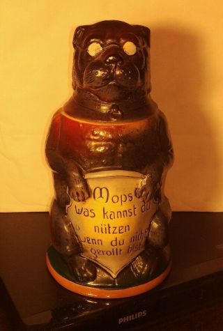 German Dog Beer Stein Antique Figural Wearing Glasses Pug Mops Mug Character