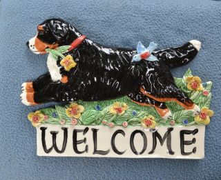 Bernese Mountain Dog.  Handsculpted Ceramic Welcome Sign.  Flowers.  Ooak.  Look