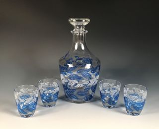 Vintage Mcm Barware Luminarc Blue Leaves Decanter And Shot Glasses Set