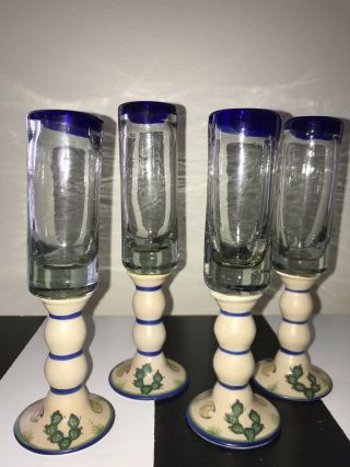 4 Tequila Shot Glasses Hand Blown Cobalt Blue Rim W Pottery Cactus Stems Mexico